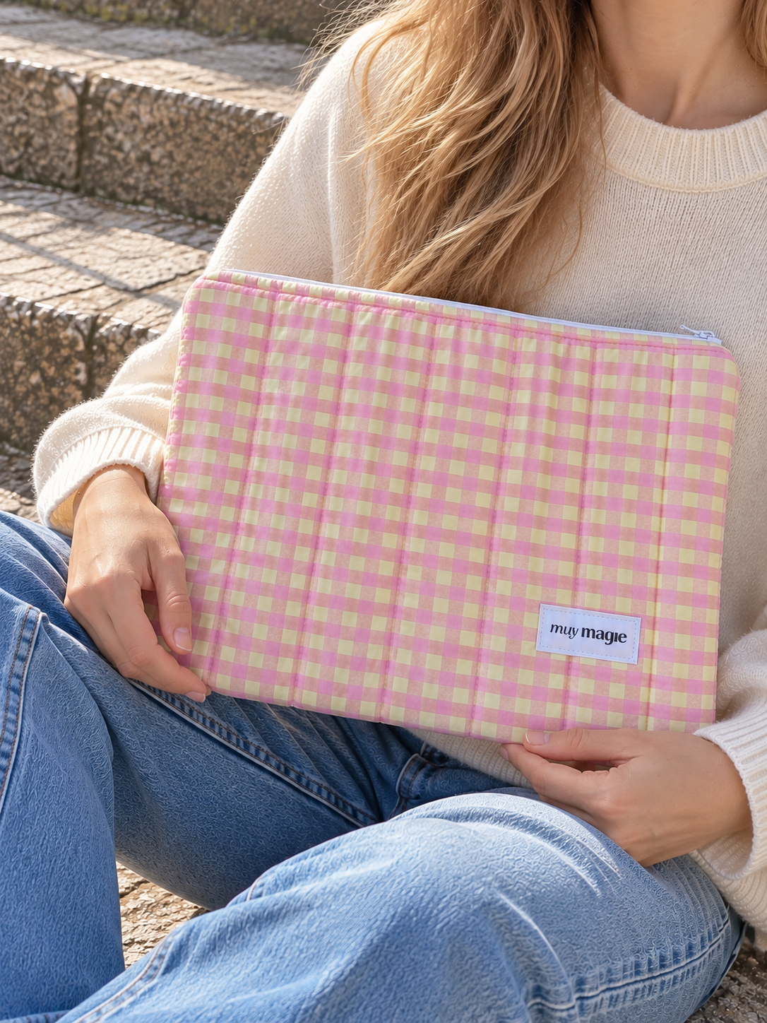 Funda portátil vichy amarillo